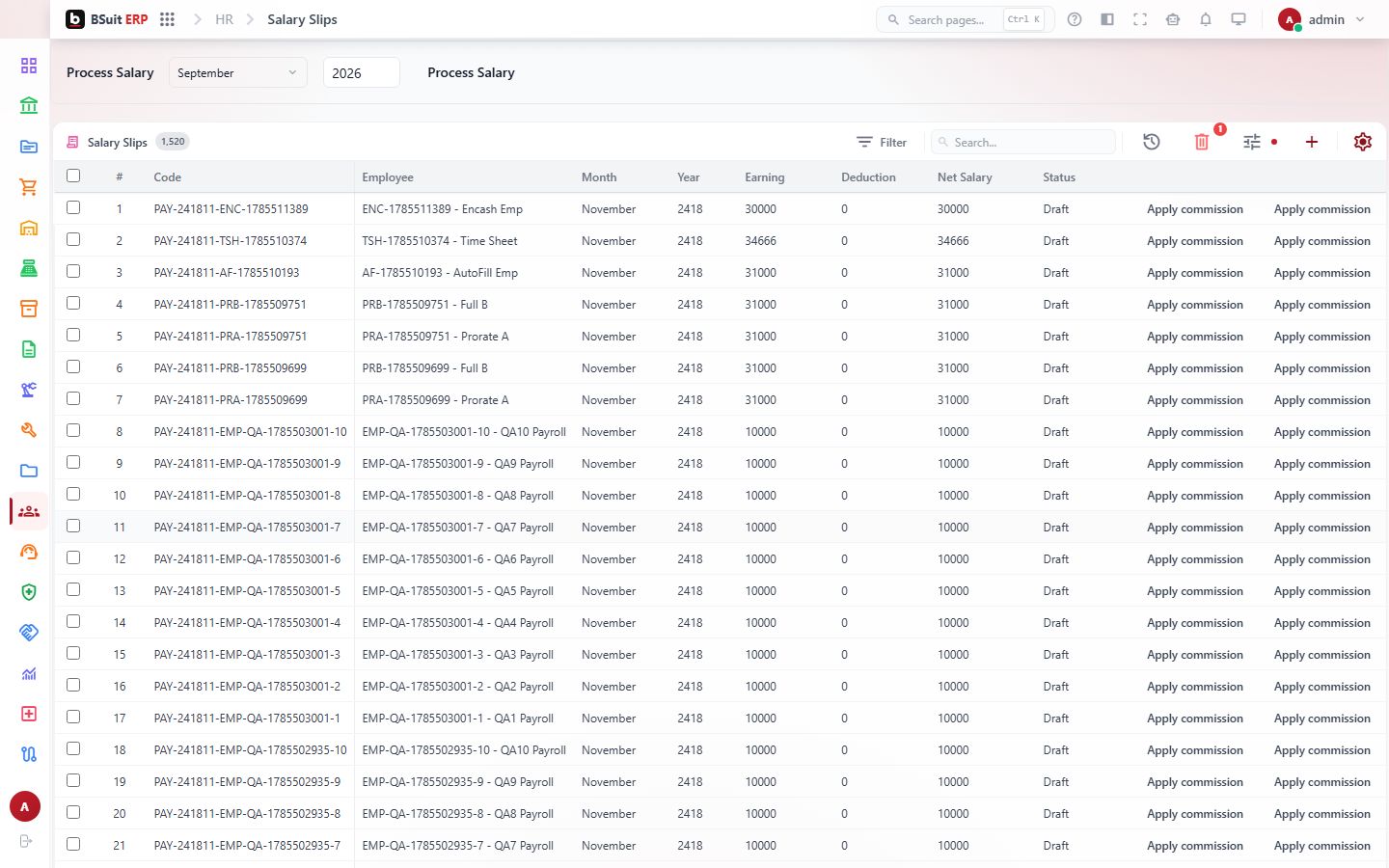 Screenshot of the Salary Slips page