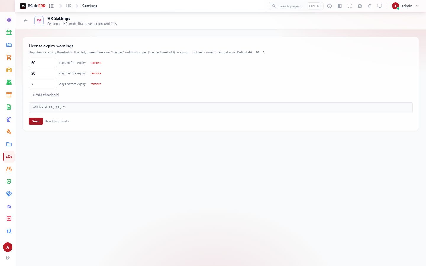 Screenshot of the HR Settings page