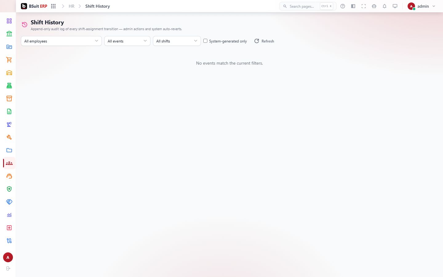 Screenshot of the Shift History page