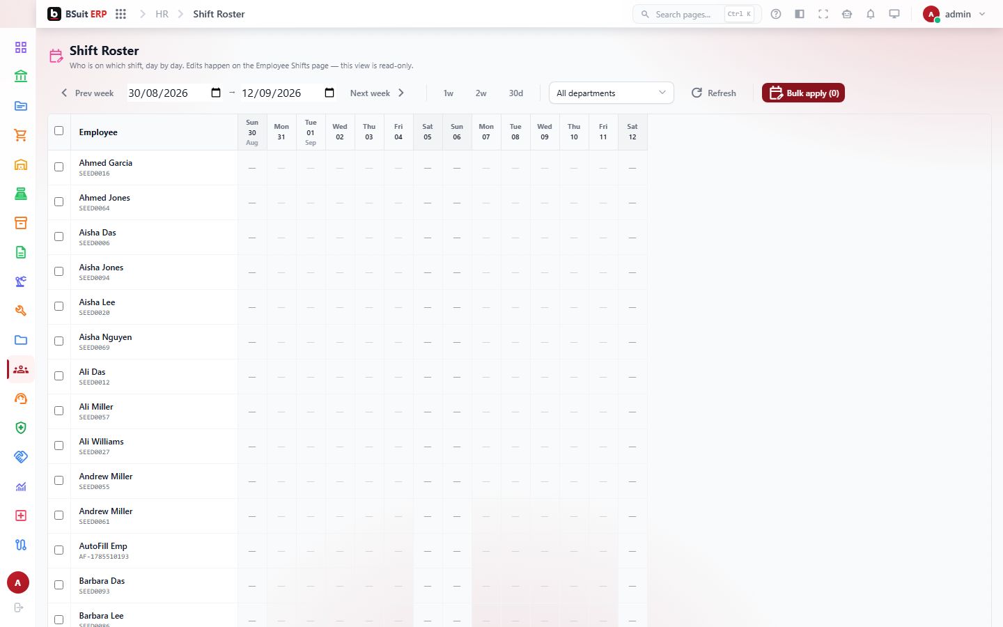 Screenshot of the Shift Roster page