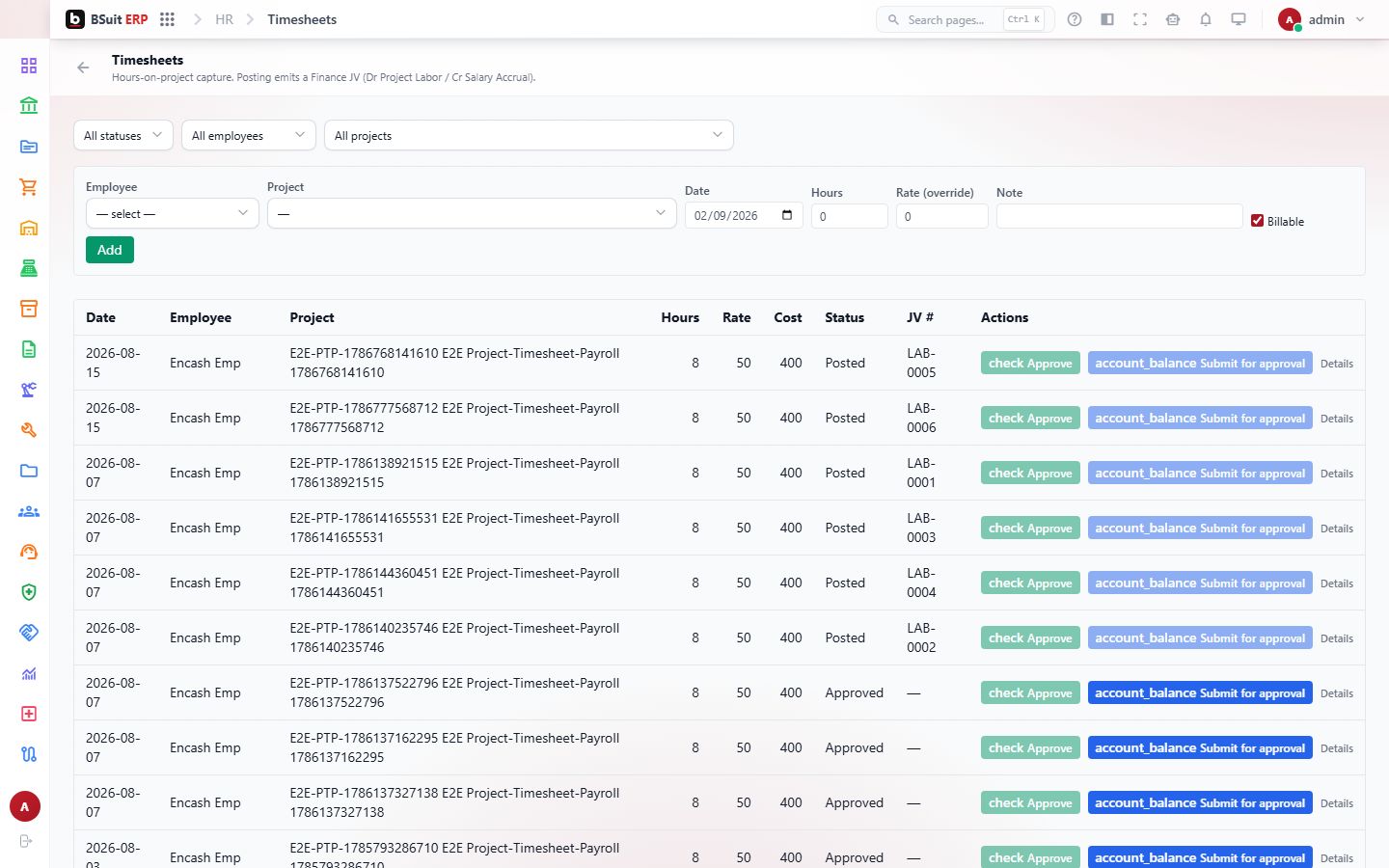 Screenshot of the Timesheets page