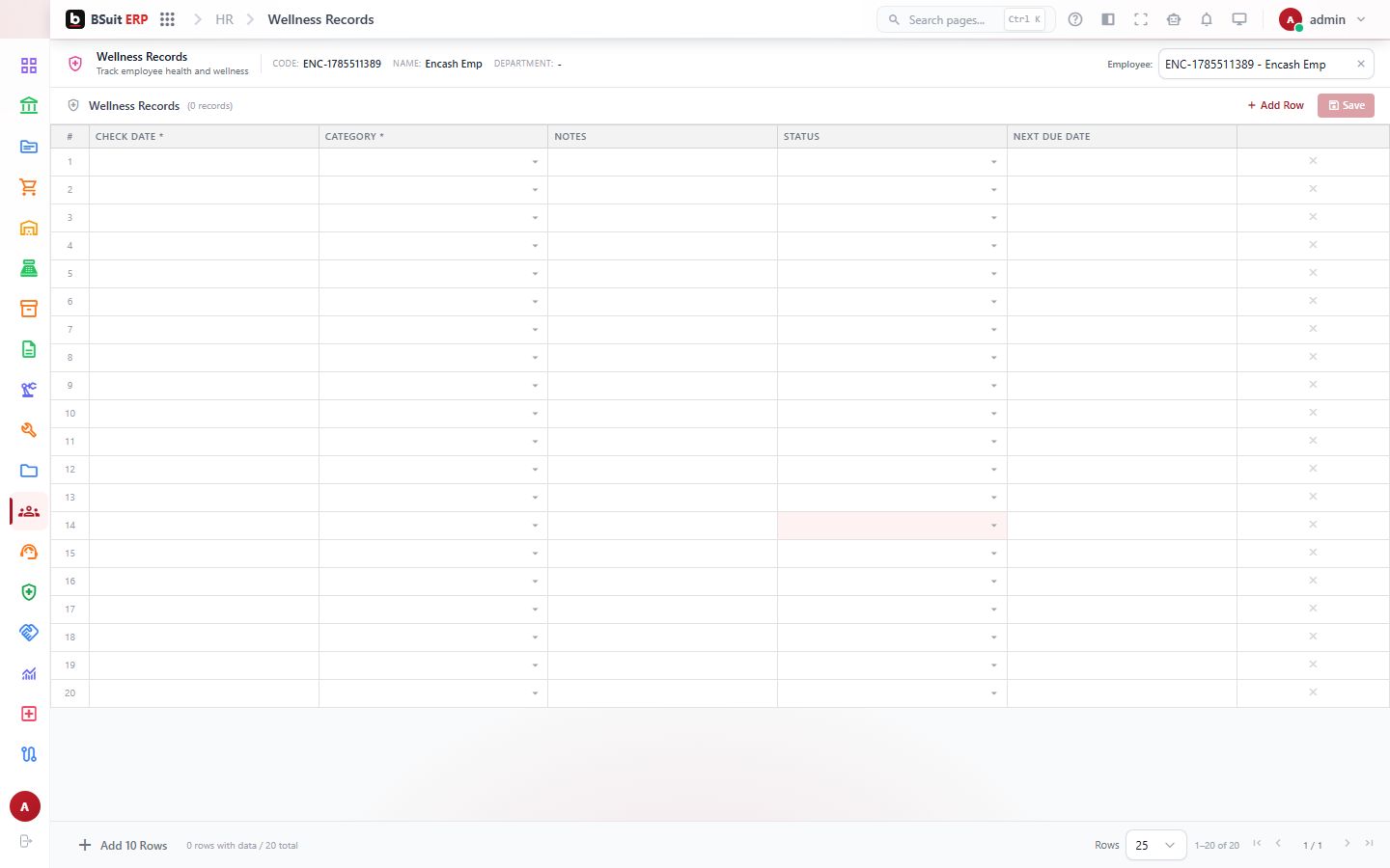 Screenshot of the Wellness Records page