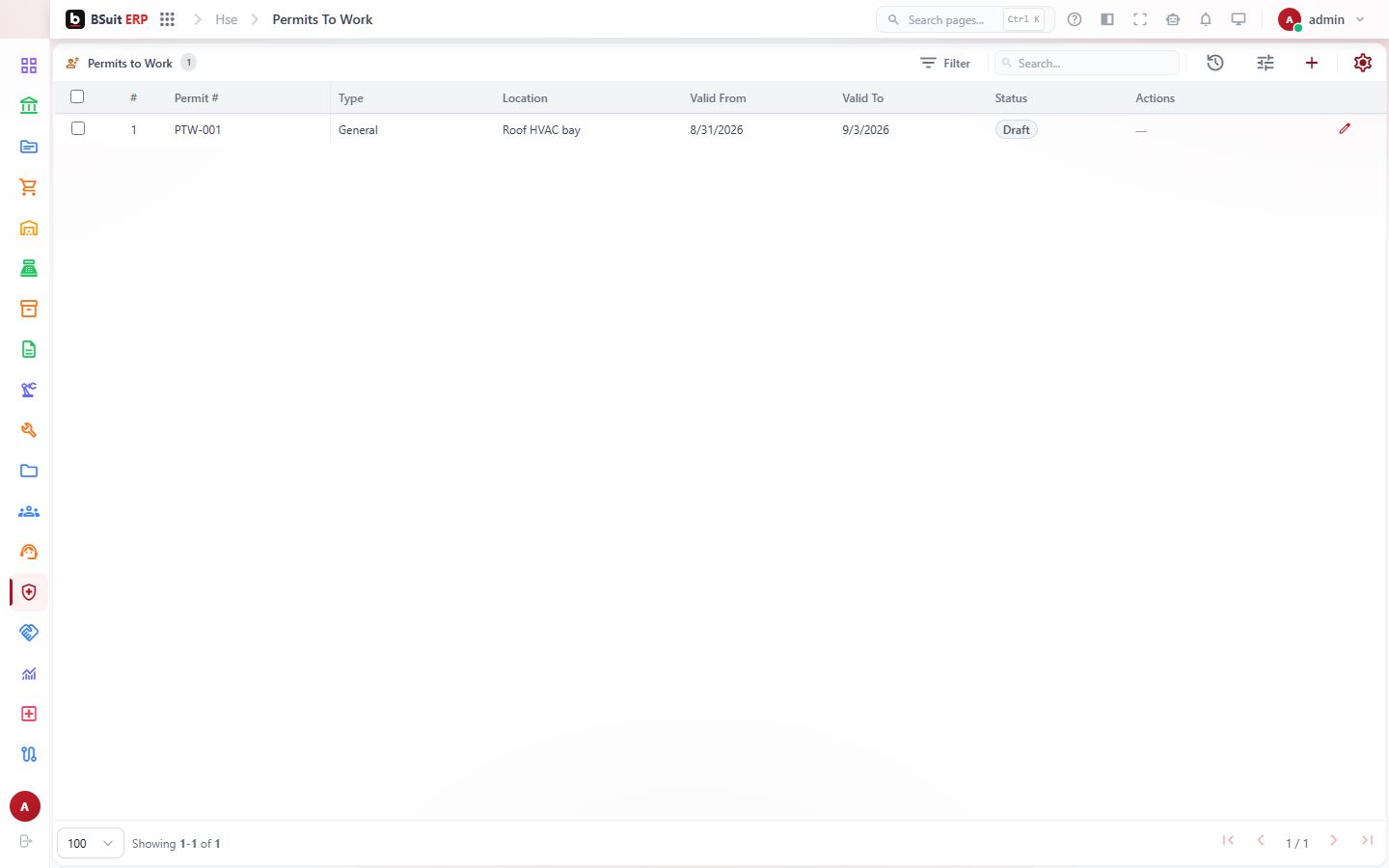 Screenshot of the Permits To Work page
