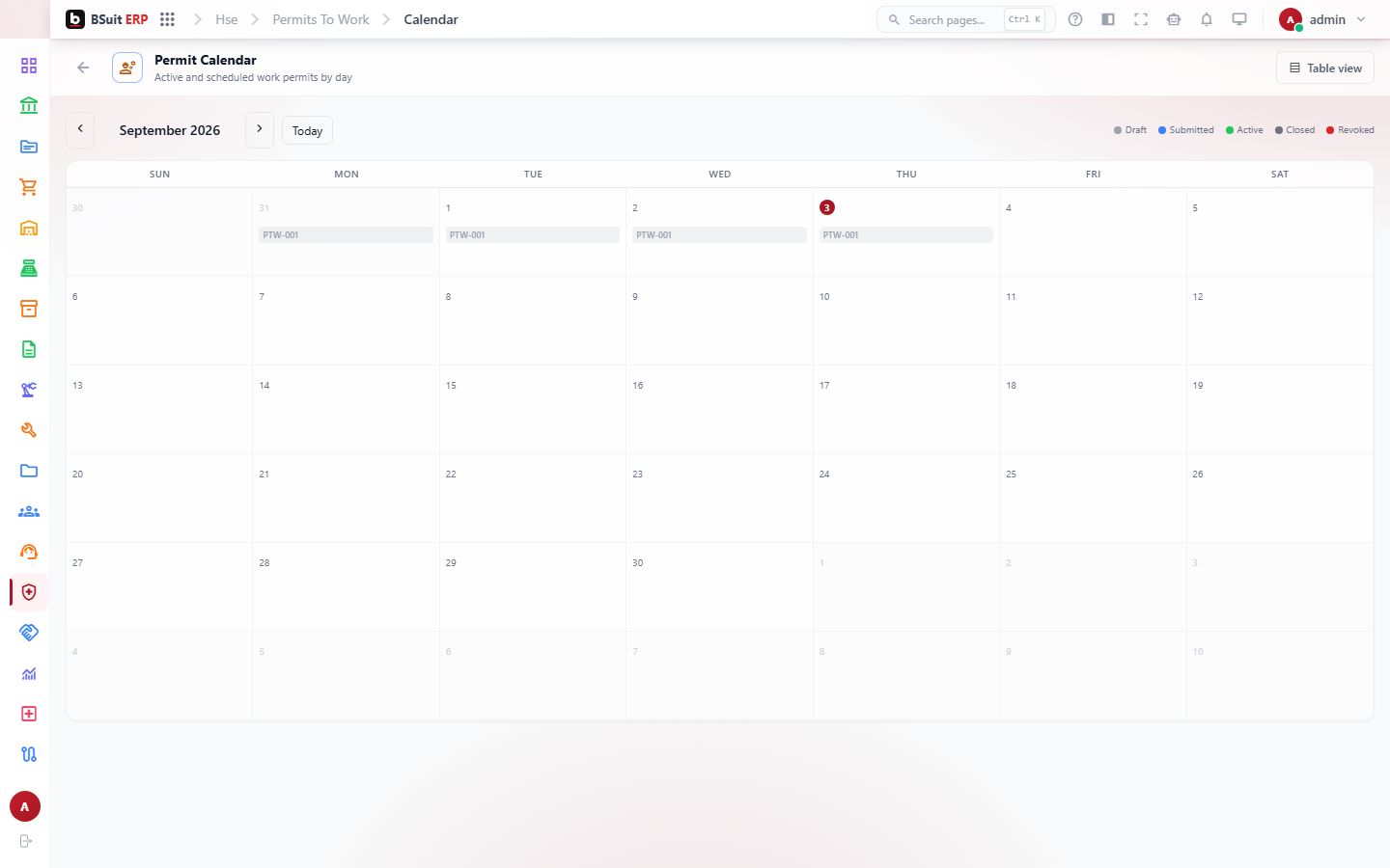 Screenshot of the Permit Calendar page