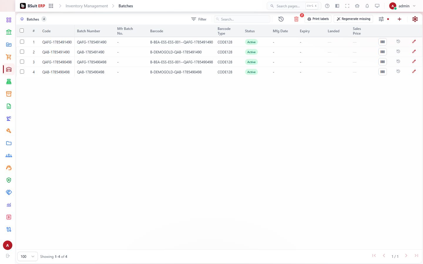 Screenshot of the Batches page