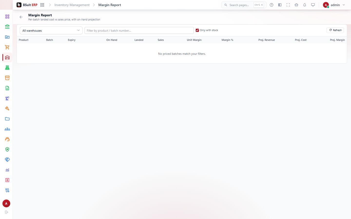Screenshot of the Margin Report page