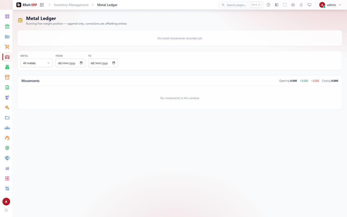 Screenshot of the Metal Ledger page