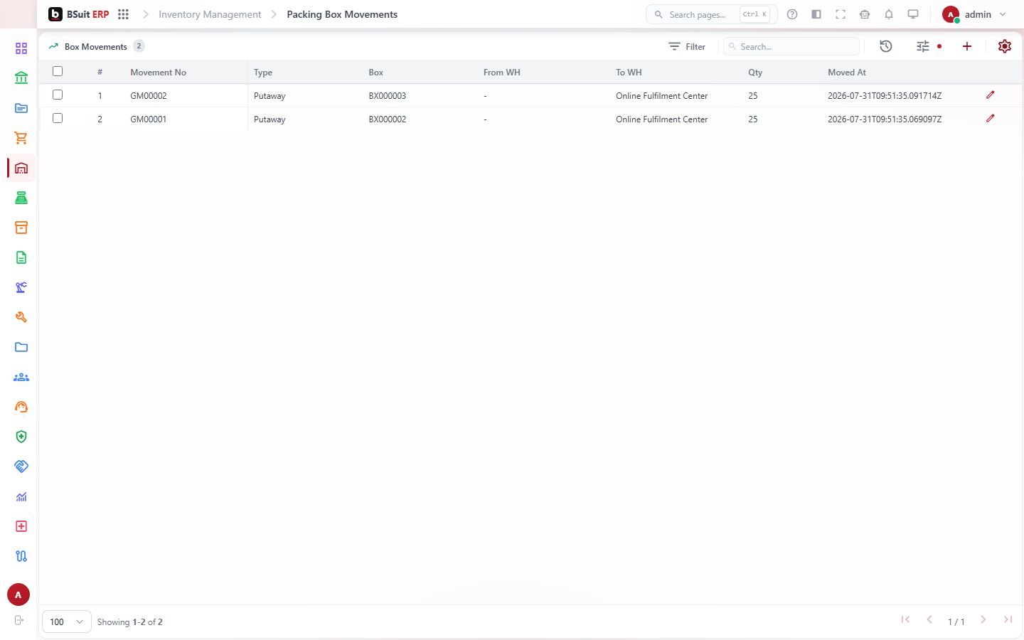 Screenshot of the Packing Box Movements page