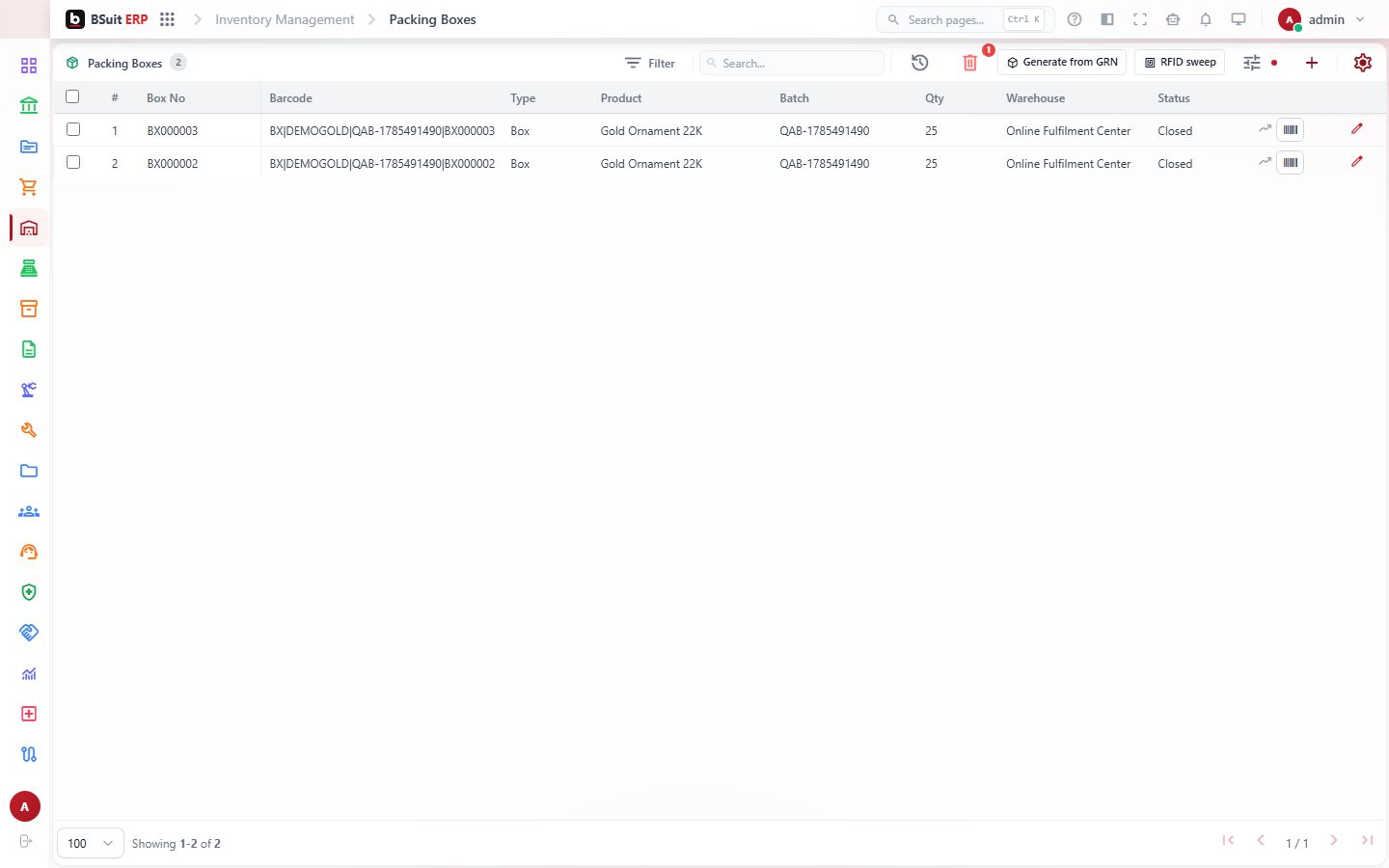 Screenshot of the Packing Boxes page