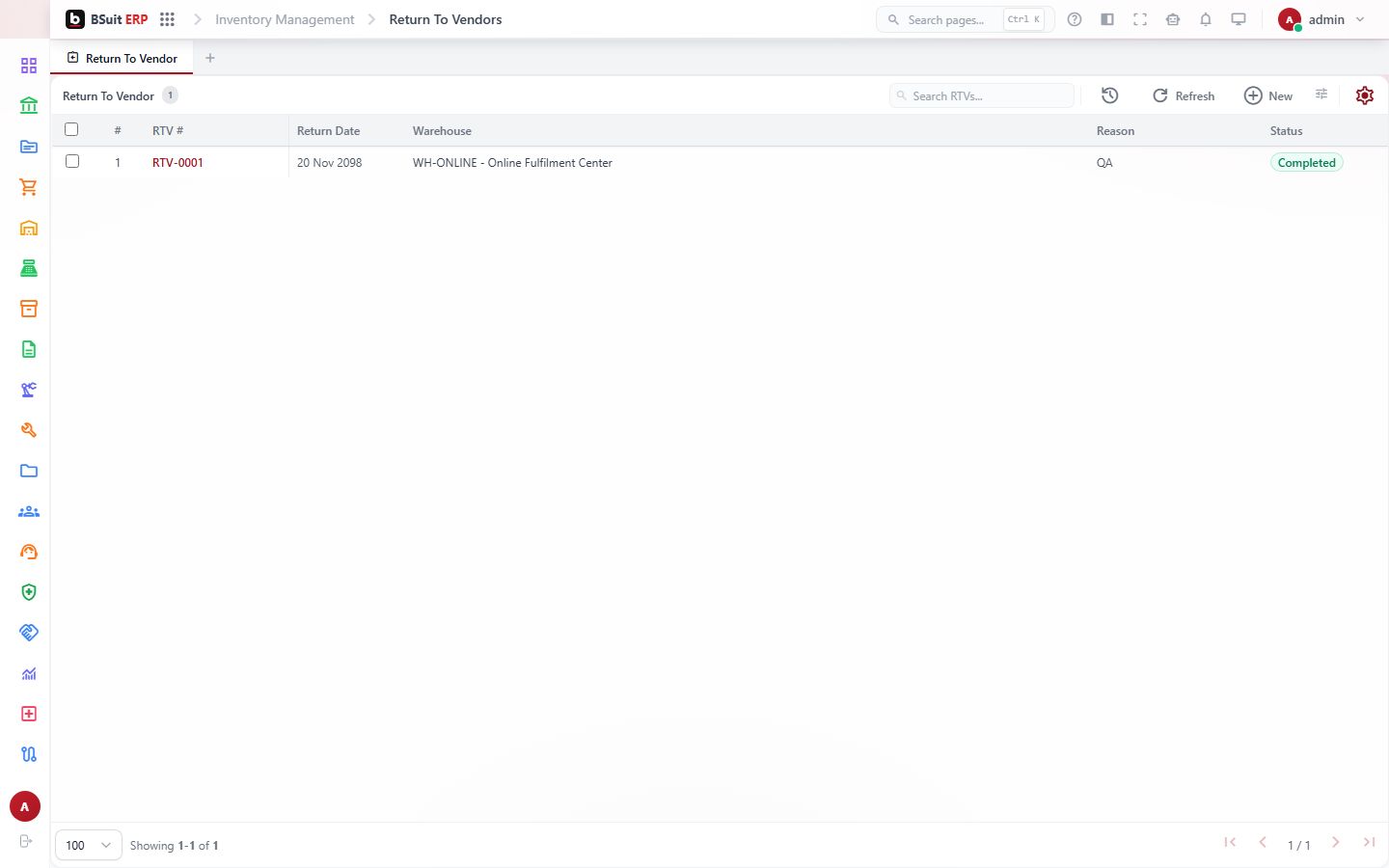 Screenshot of the Return To Vendors page