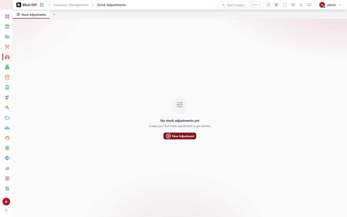 Screenshot of the Stock Adjustments page