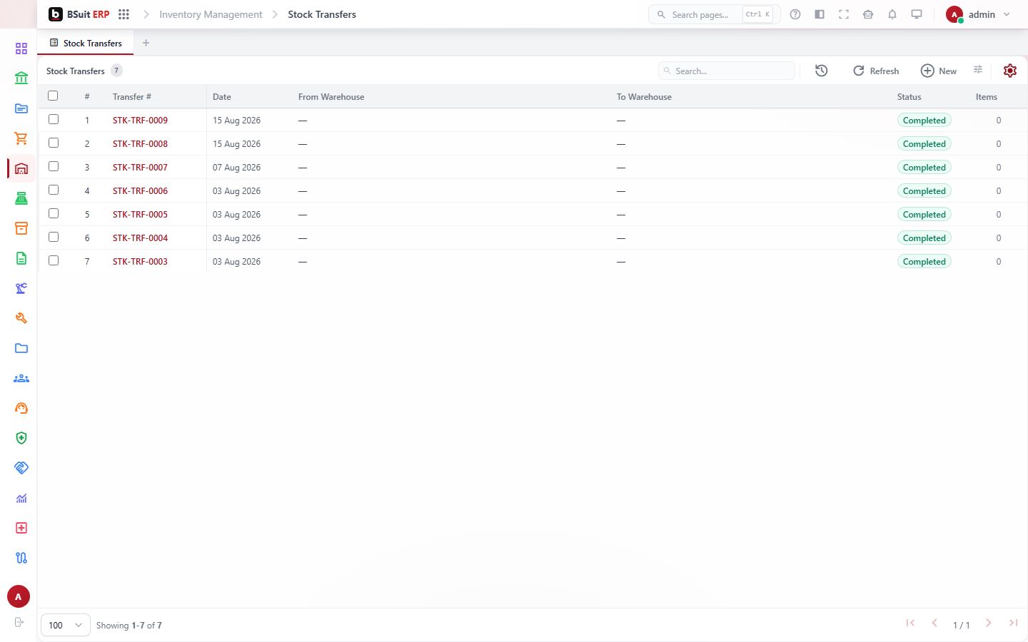 Screenshot of the Stock Transfers page
