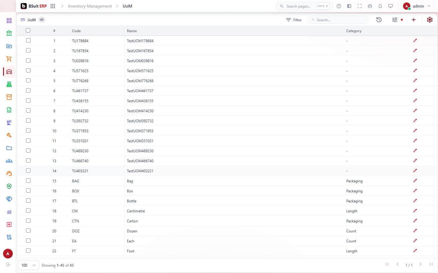Screenshot of the Uom page
