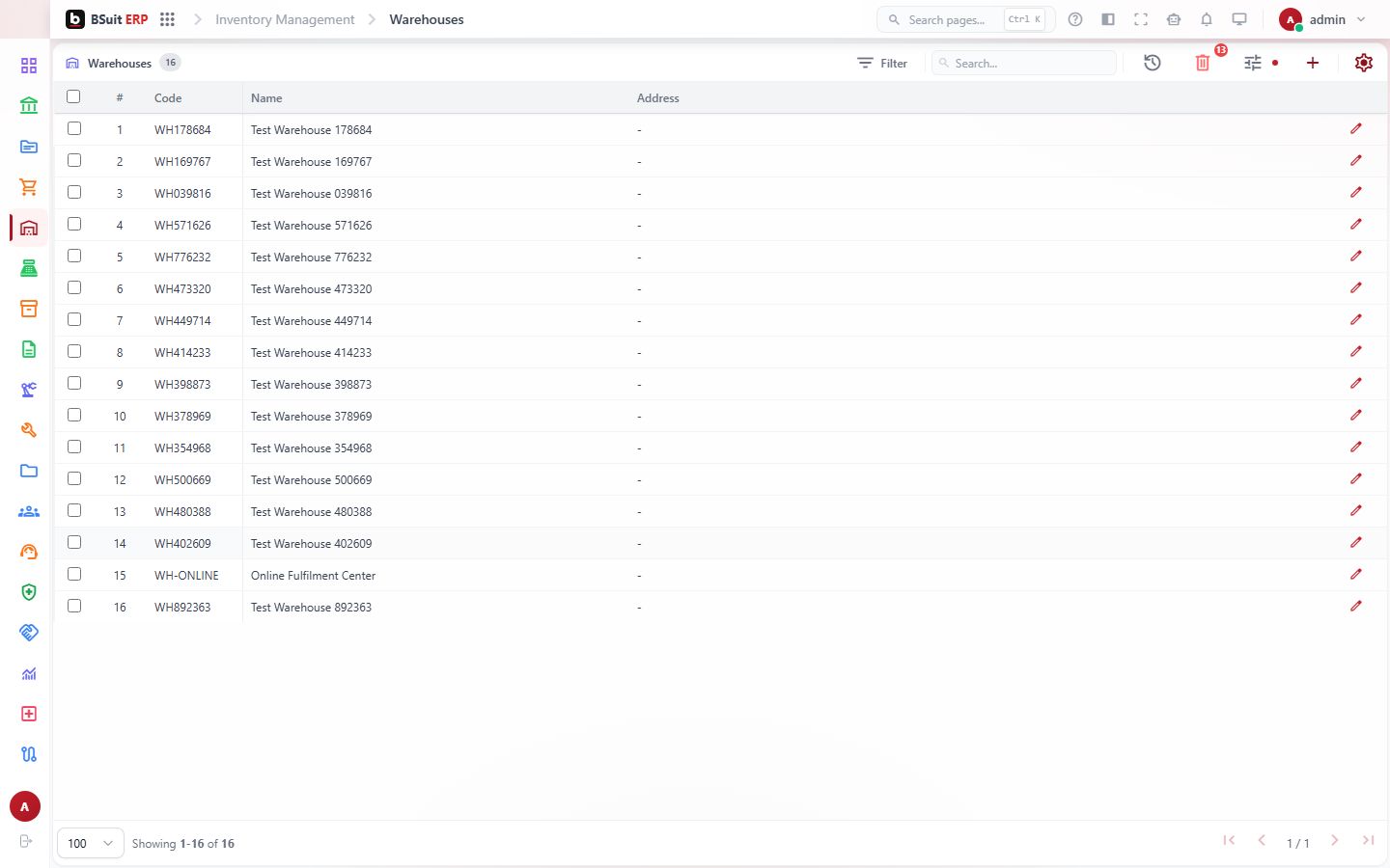 Screenshot of the Warehouses page