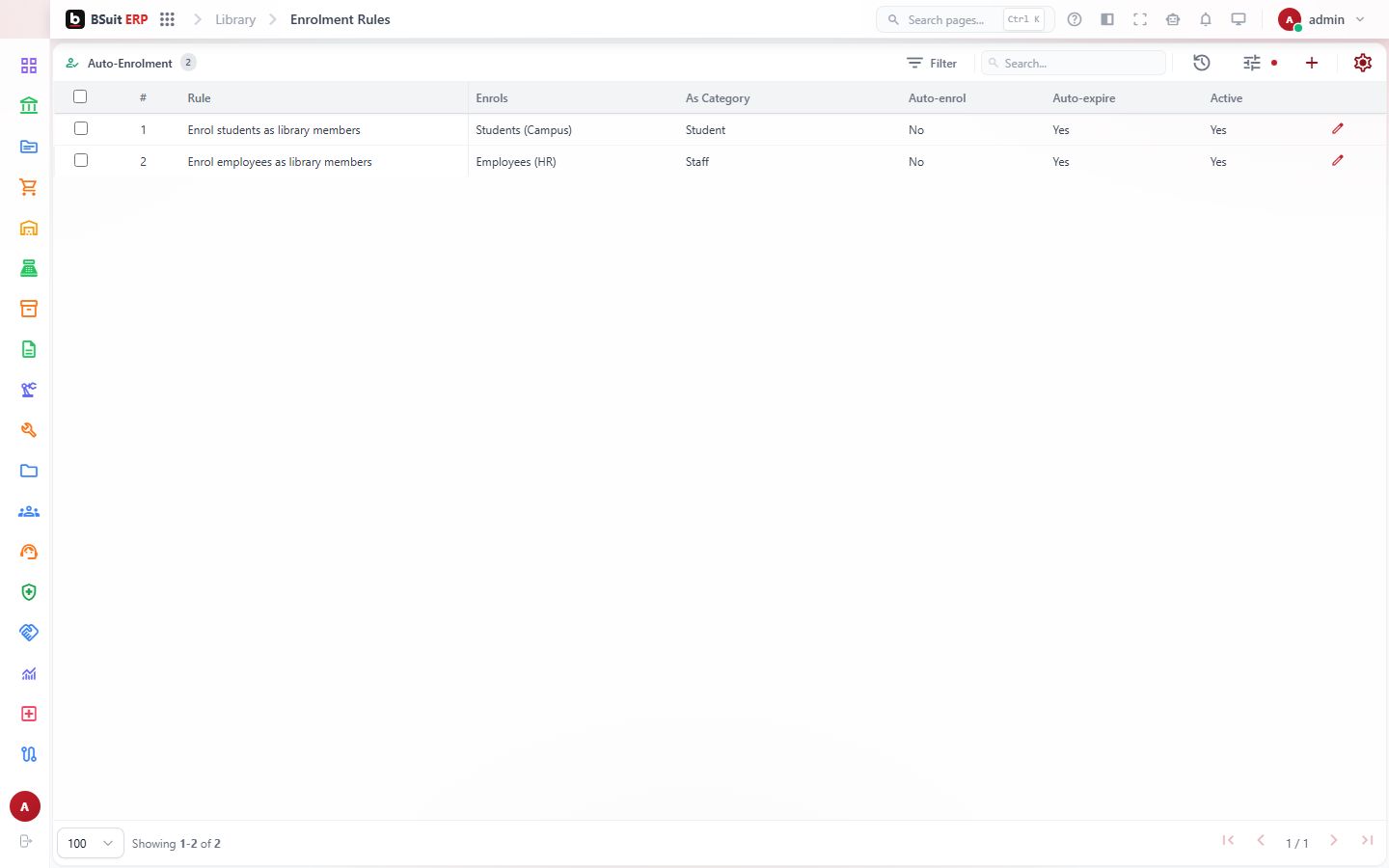 Screenshot of the Enrolment Rules page