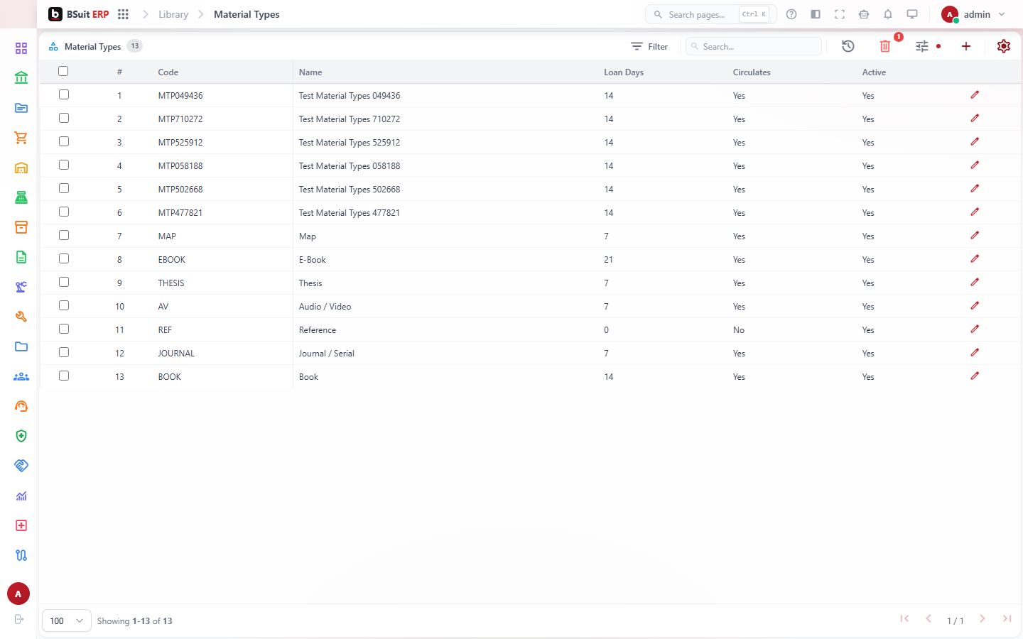 Screenshot of the Material Types page