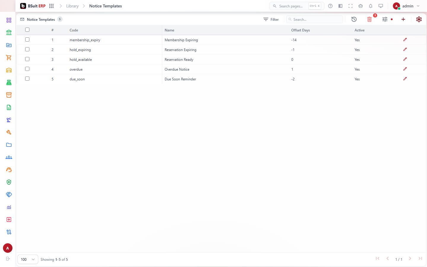 Screenshot of the Notice Templates page