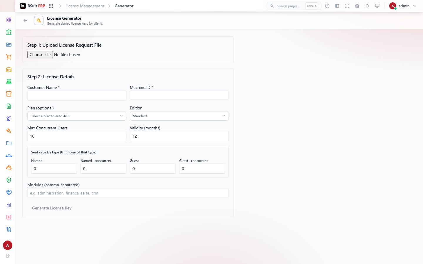 Screenshot of the License Generator page