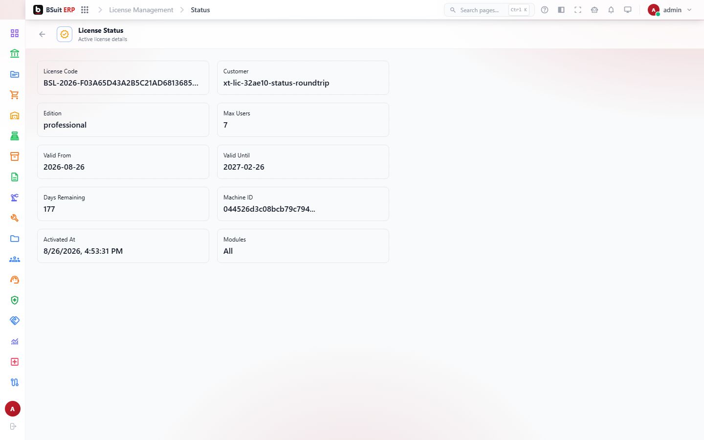 Screenshot of the License Status page