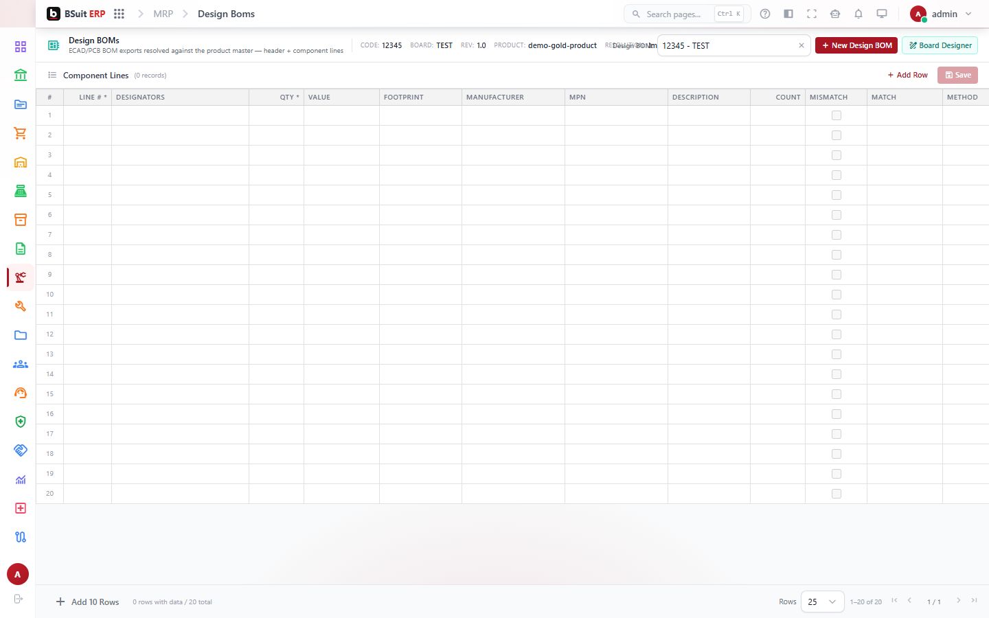 Screenshot of the Design Bom Lines page