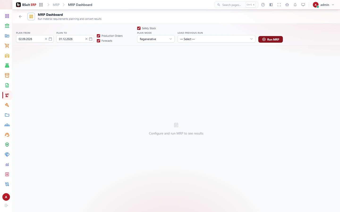 Screenshot of the MRP Dashboard page