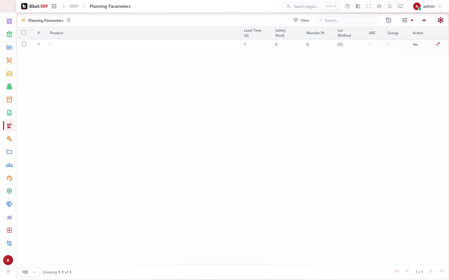 Screenshot of the Planning Parameters page