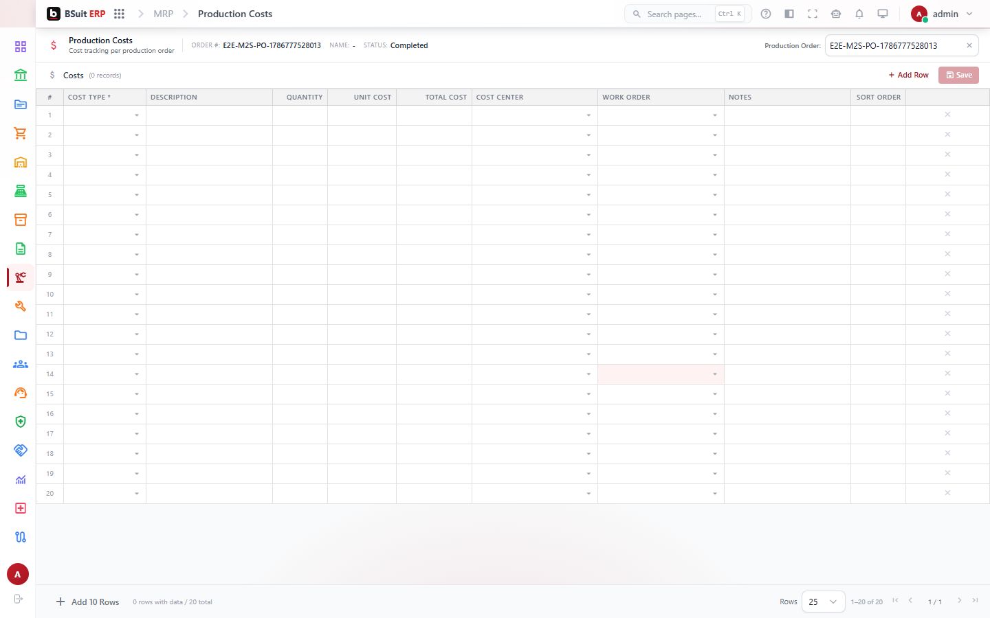 Screenshot of the Production Costs page