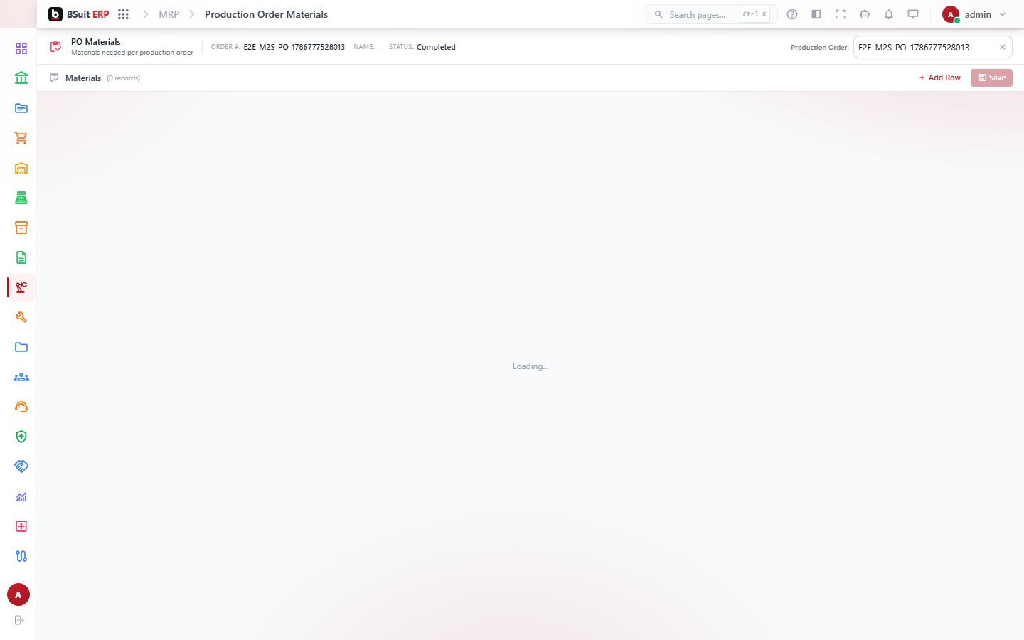 Screenshot of the Production Order Materials page