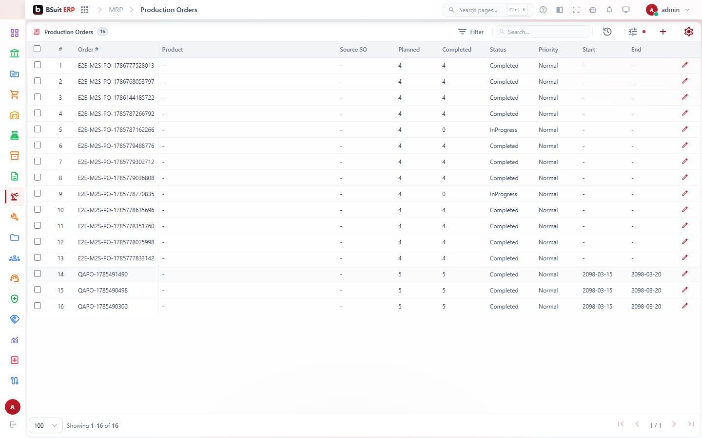 Screenshot of the Production Orders page