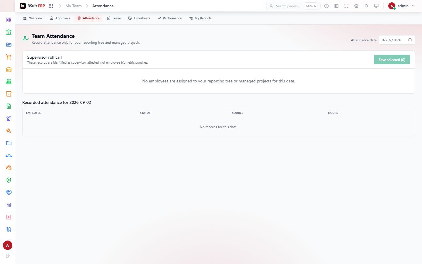 Screenshot of the Team Attendance page