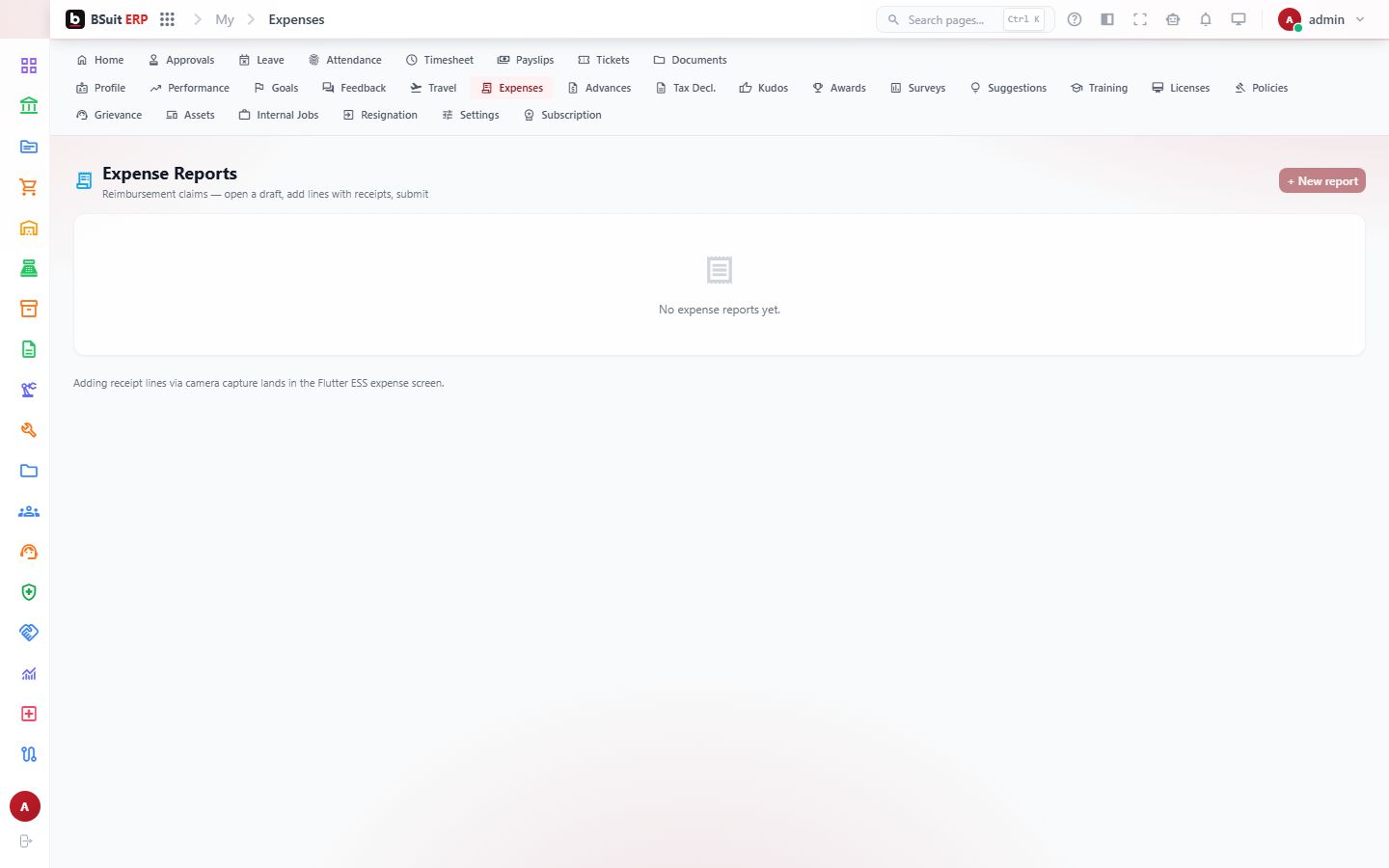 Screenshot of the Expense Reports page