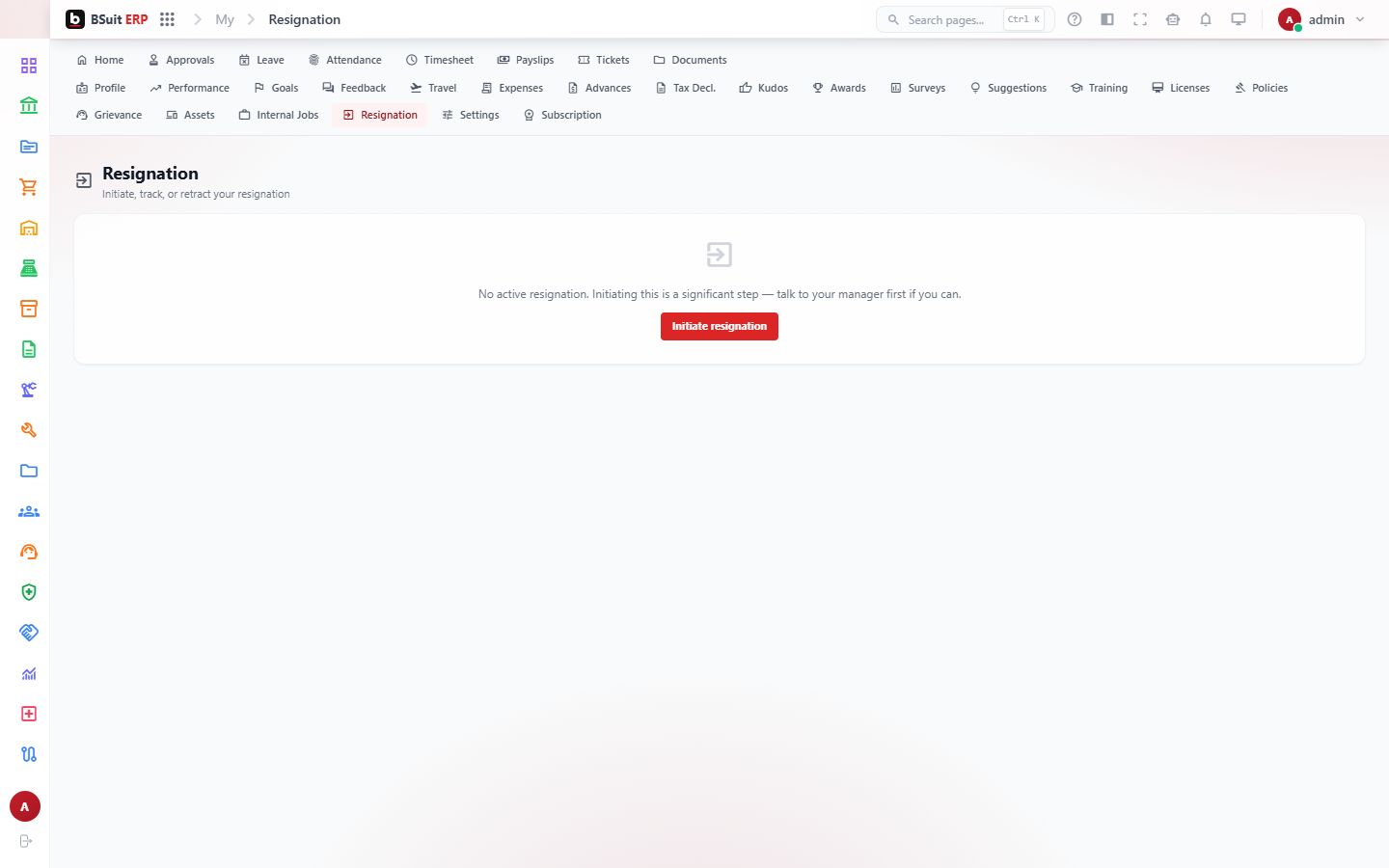 Screenshot of the Resignation page