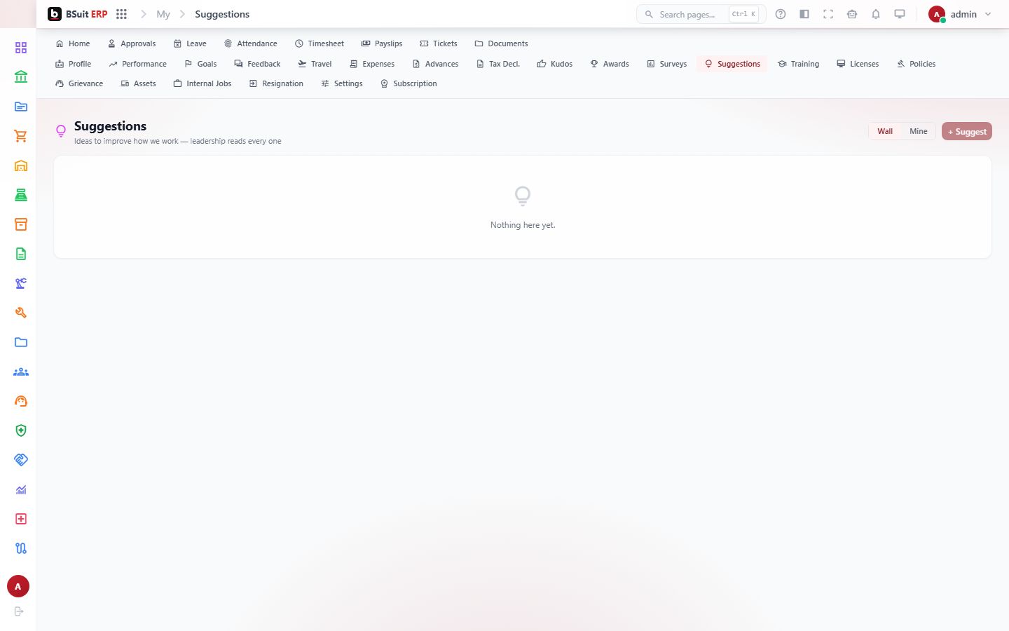 Screenshot of the Suggestions page