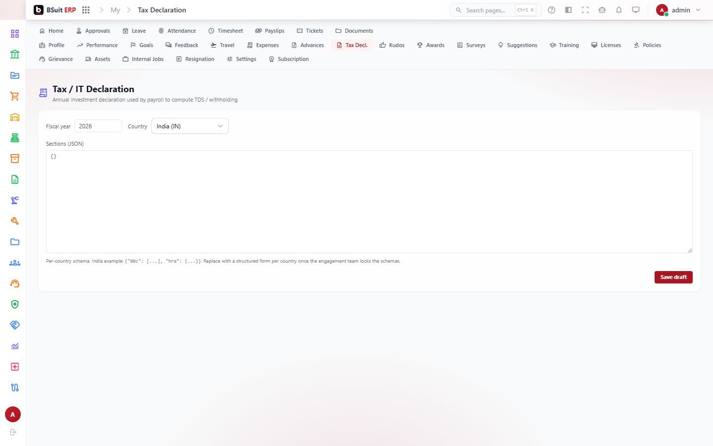 Screenshot of the Tax / IT Declaration page