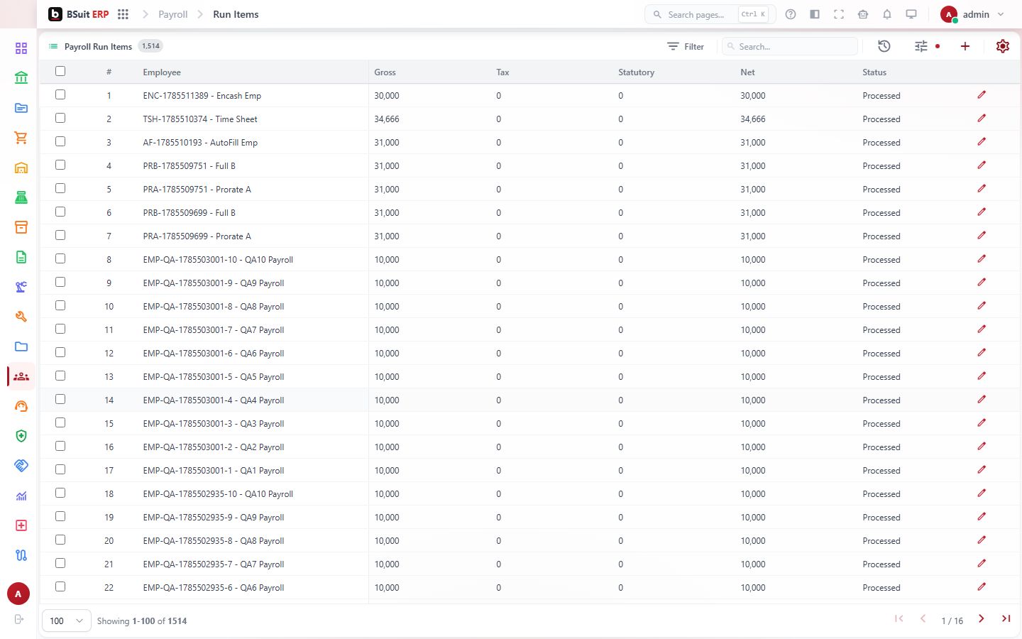 Screenshot of the Run Items page