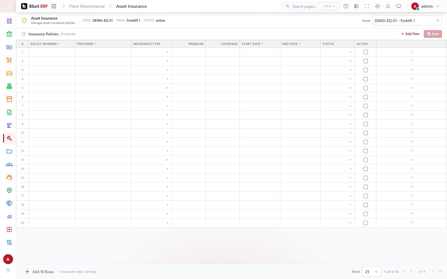 Screenshot of the Asset Insurance page