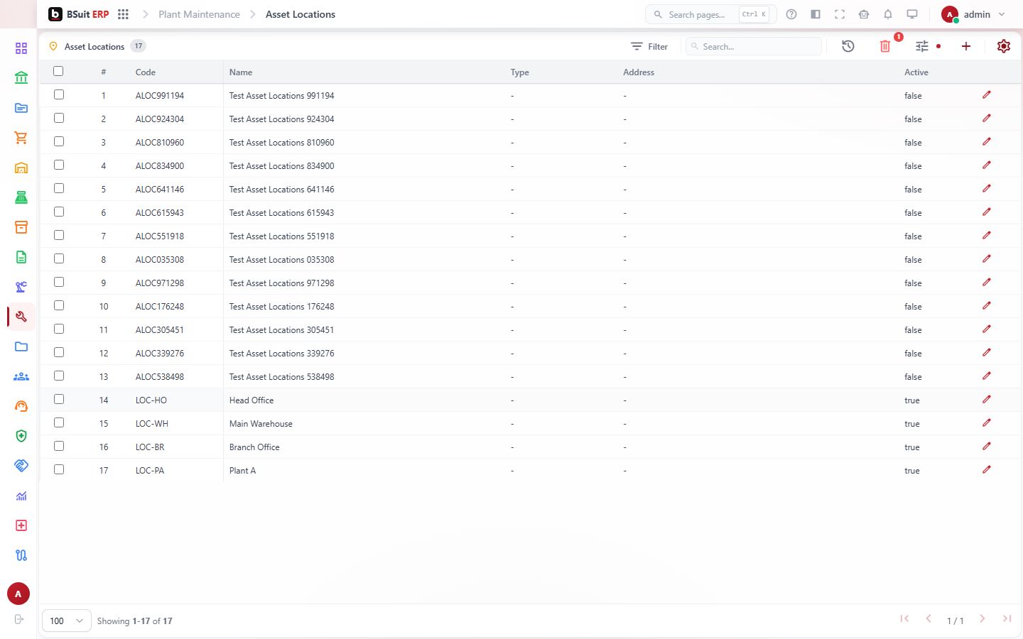 Screenshot of the Asset Locations page