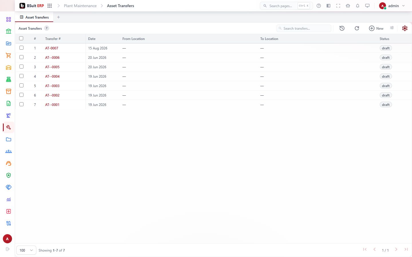 Screenshot of the Asset Transfers page