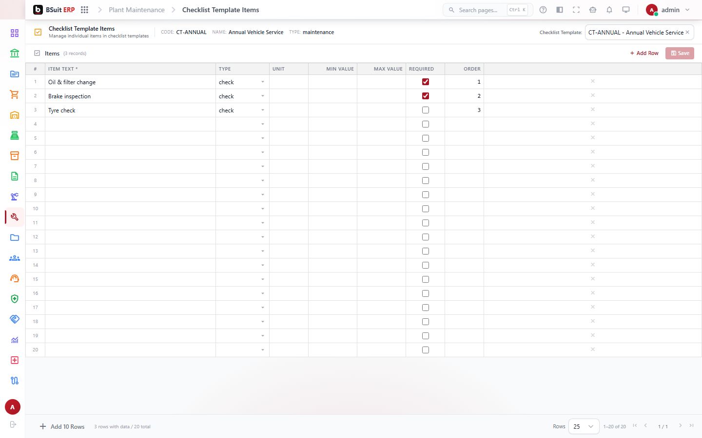 Screenshot of the Checklist Template Items page