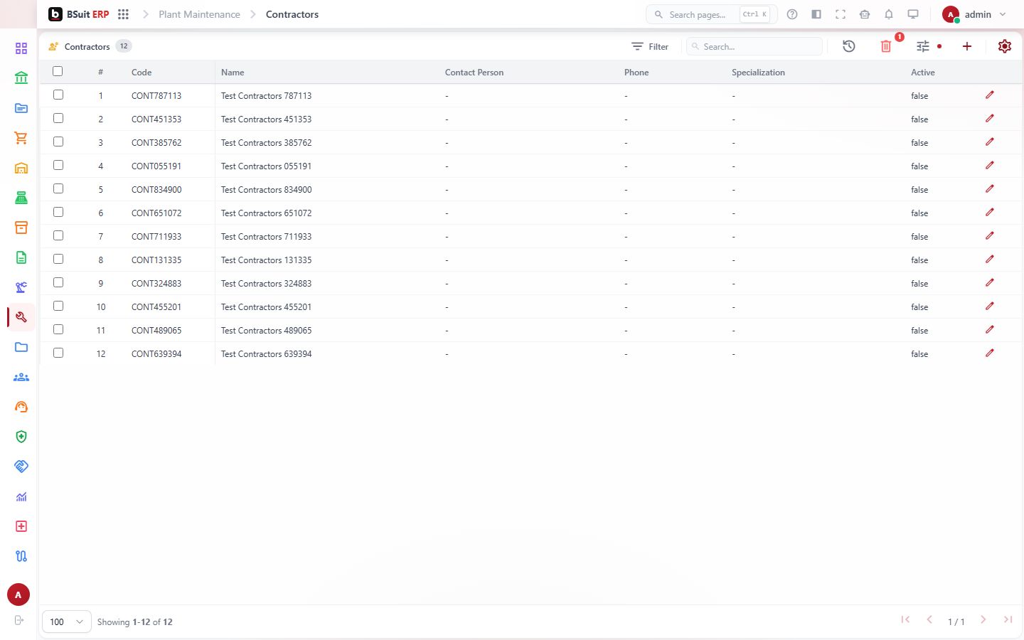 Screenshot of the Contractors page
