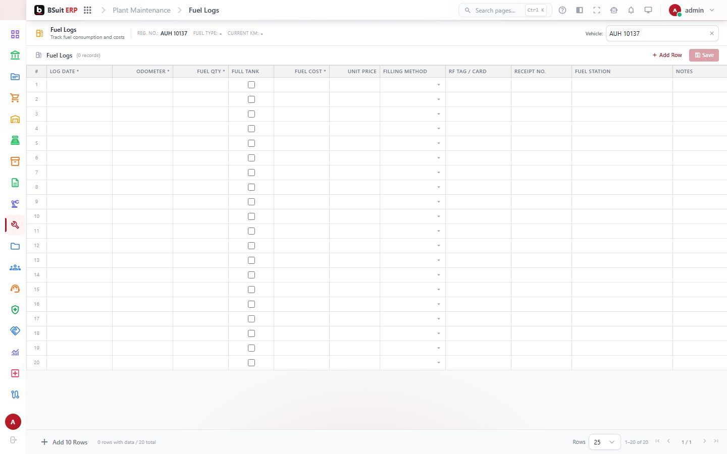 Screenshot of the Fuel Logs page