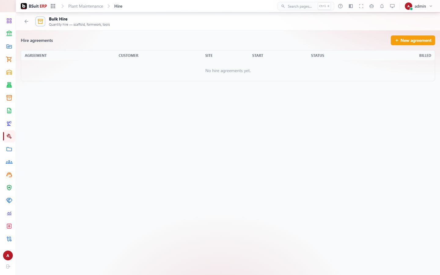 Screenshot of the Bulk Hire page