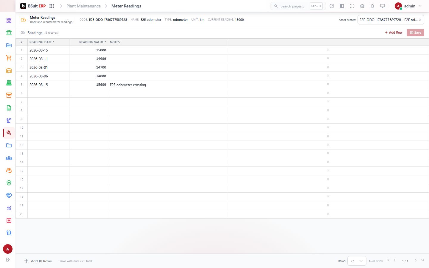 Screenshot of the Meter Readings page