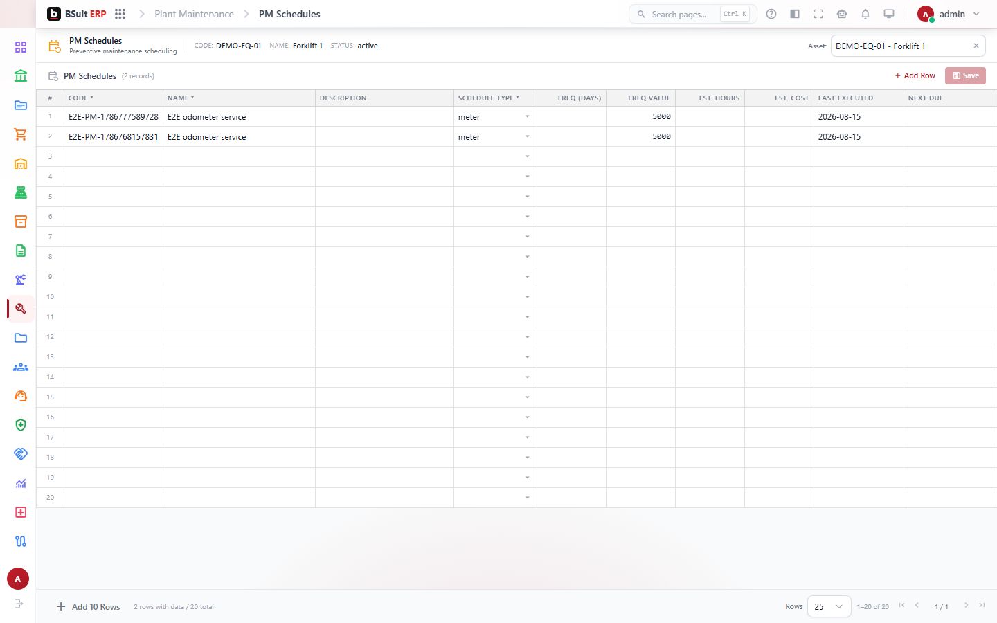 Screenshot of the Pm Schedules page