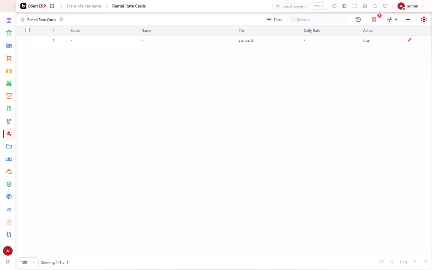 Screenshot of the Rental Rate Cards page