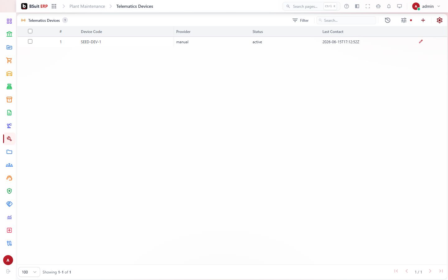 Screenshot of the Telematics Devices page