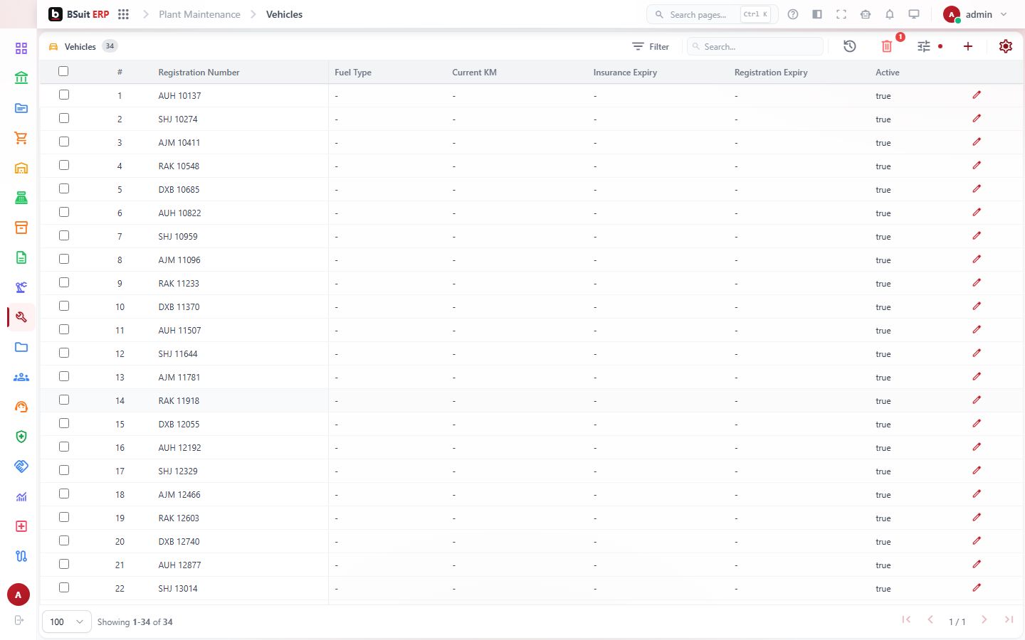 Screenshot of the Vehicles page