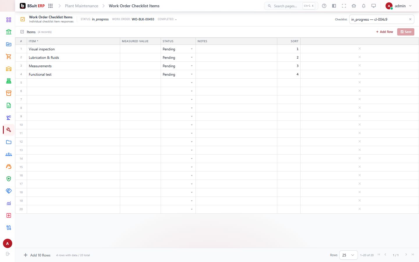 Screenshot of the Work Order Checklist Items page