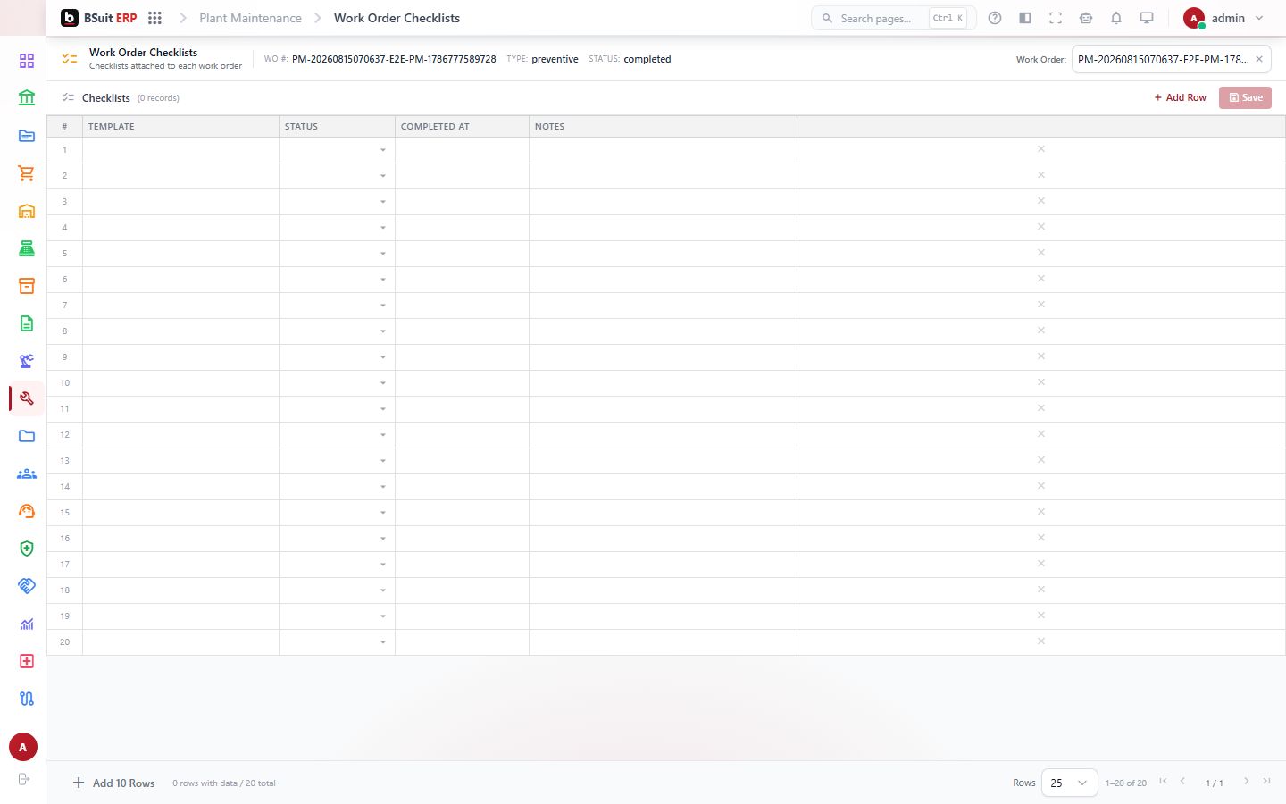 Screenshot of the Work Order Checklists page