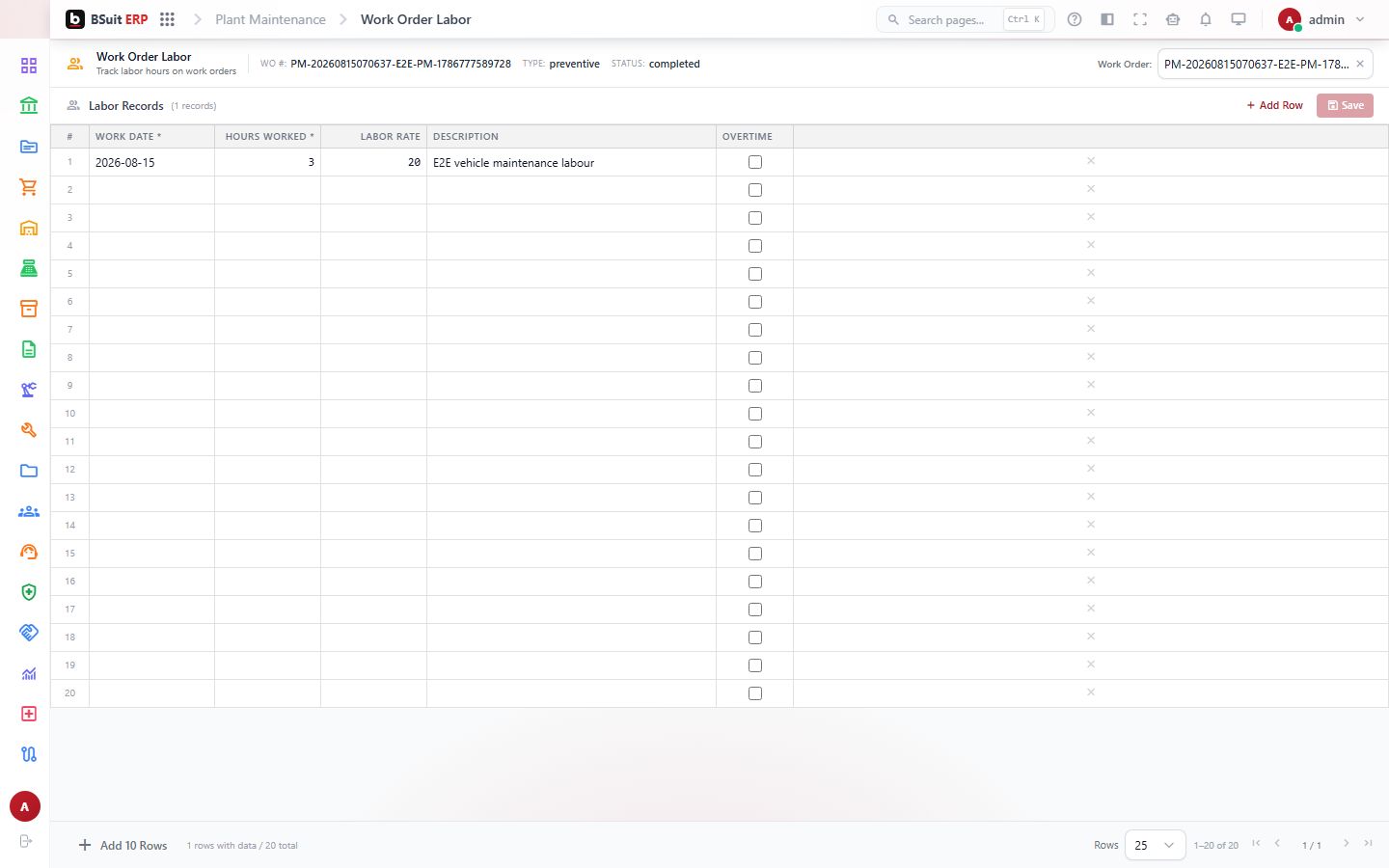 Screenshot of the Work Order Labor page